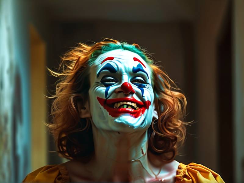 找一张图片 一张小丑的脸 一面是笑一面是哭 大图最好？求这个图片 是个电影的截图还是恶搞的 一个女生化妆特别丑还胖 下面三个字 你笑我